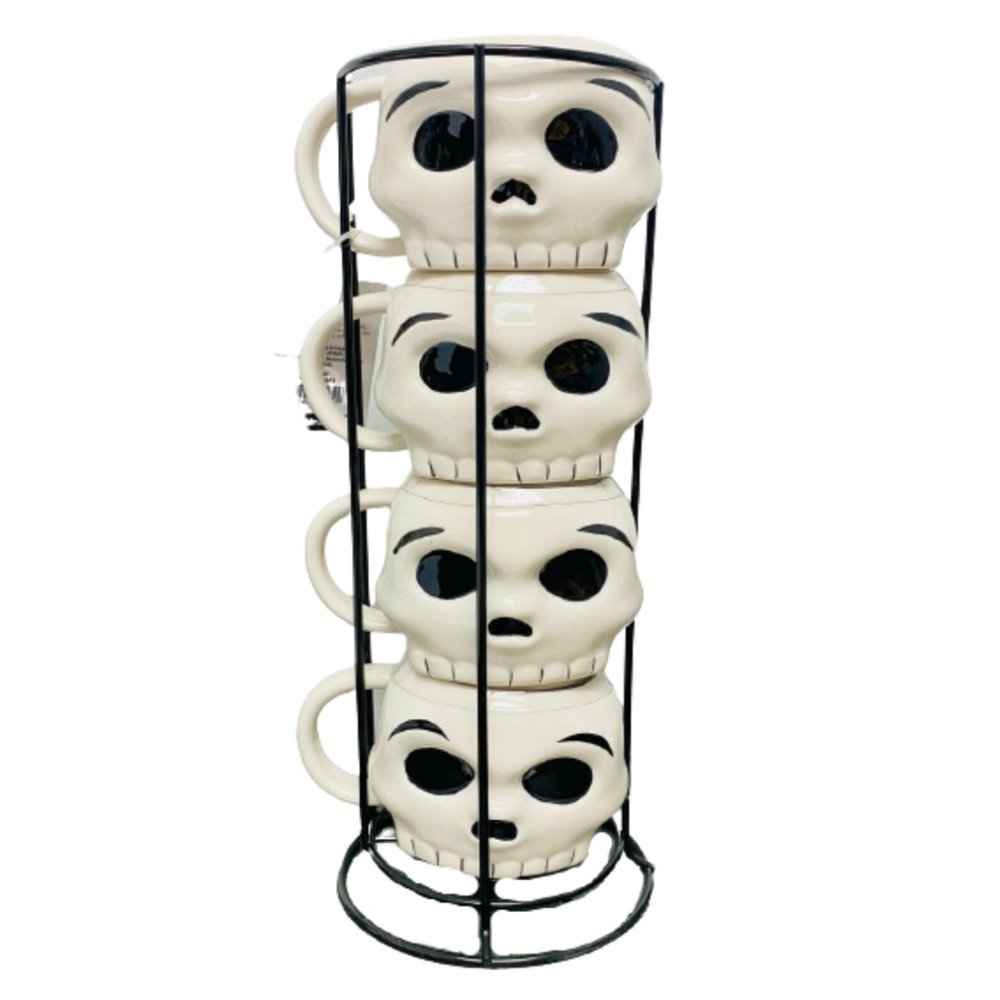 Set of 4 Stackable Skeleton Skull Mugs in Wire Rack NEW